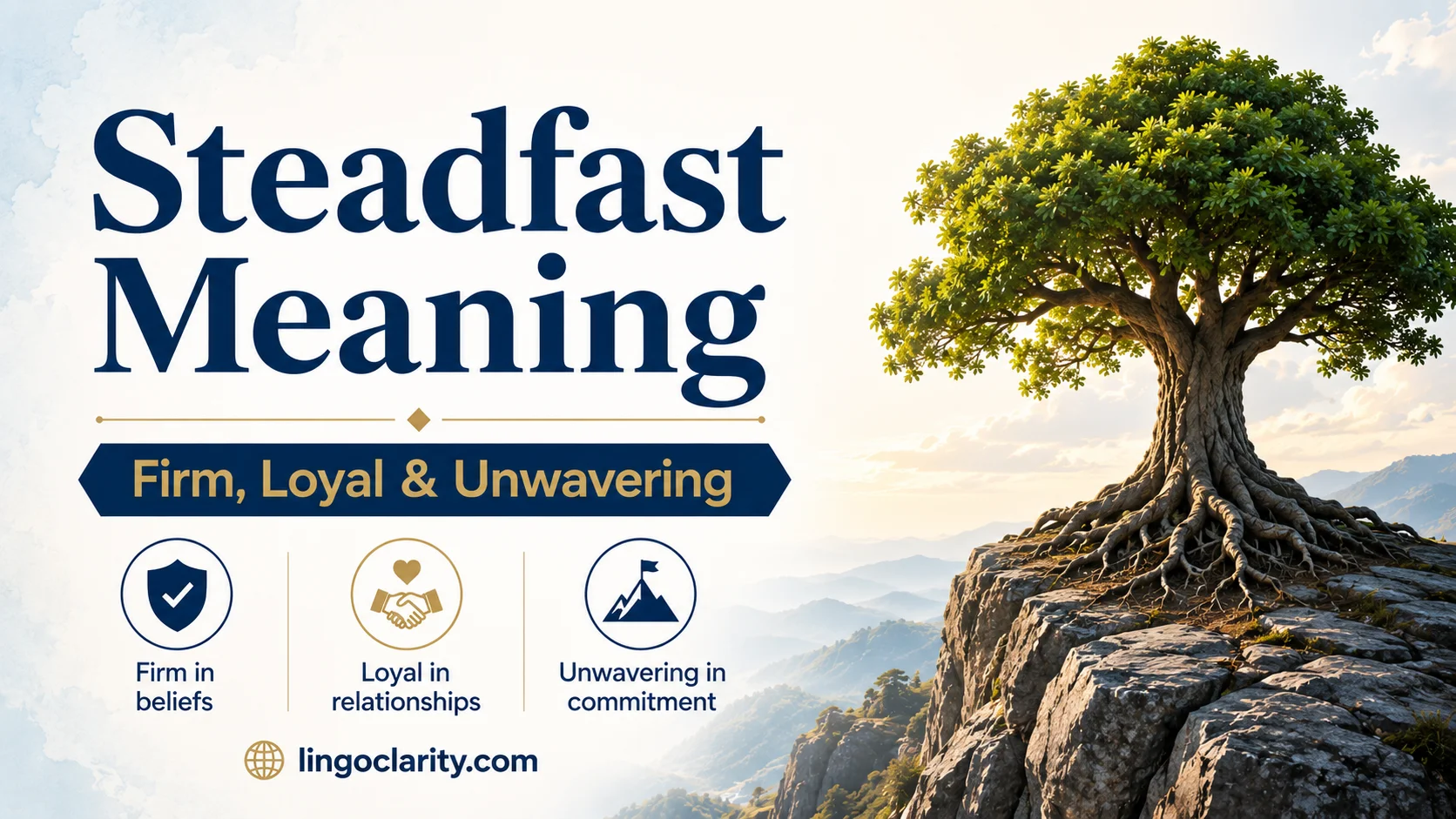 Steadfast meaning illustration with a strong tree on a rocky cliff, showing the ideas of being firm, loyal,