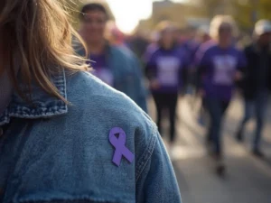 Purple ribbon pin on a jacket at a community awareness event.