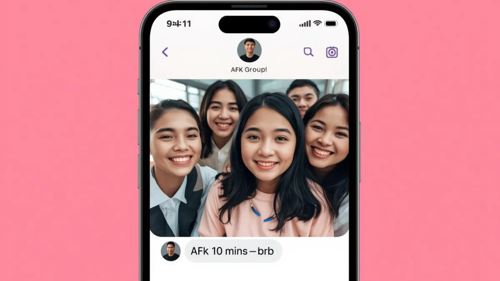 Phone group chat showing “AFK 10 mins—brb” to explain the term.