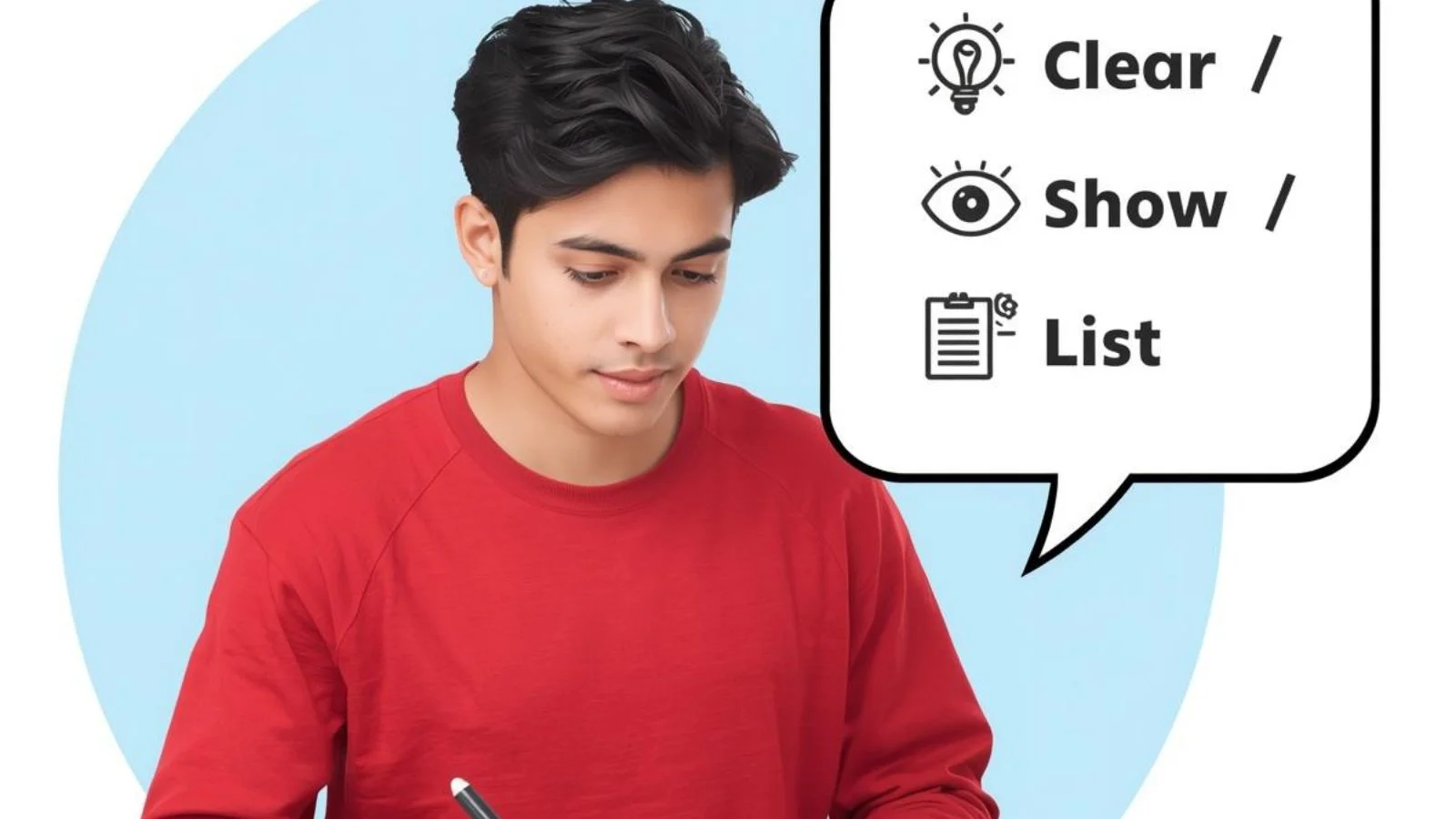 Student writing the word “manifest” with icons showing clear, show, and list meanings.