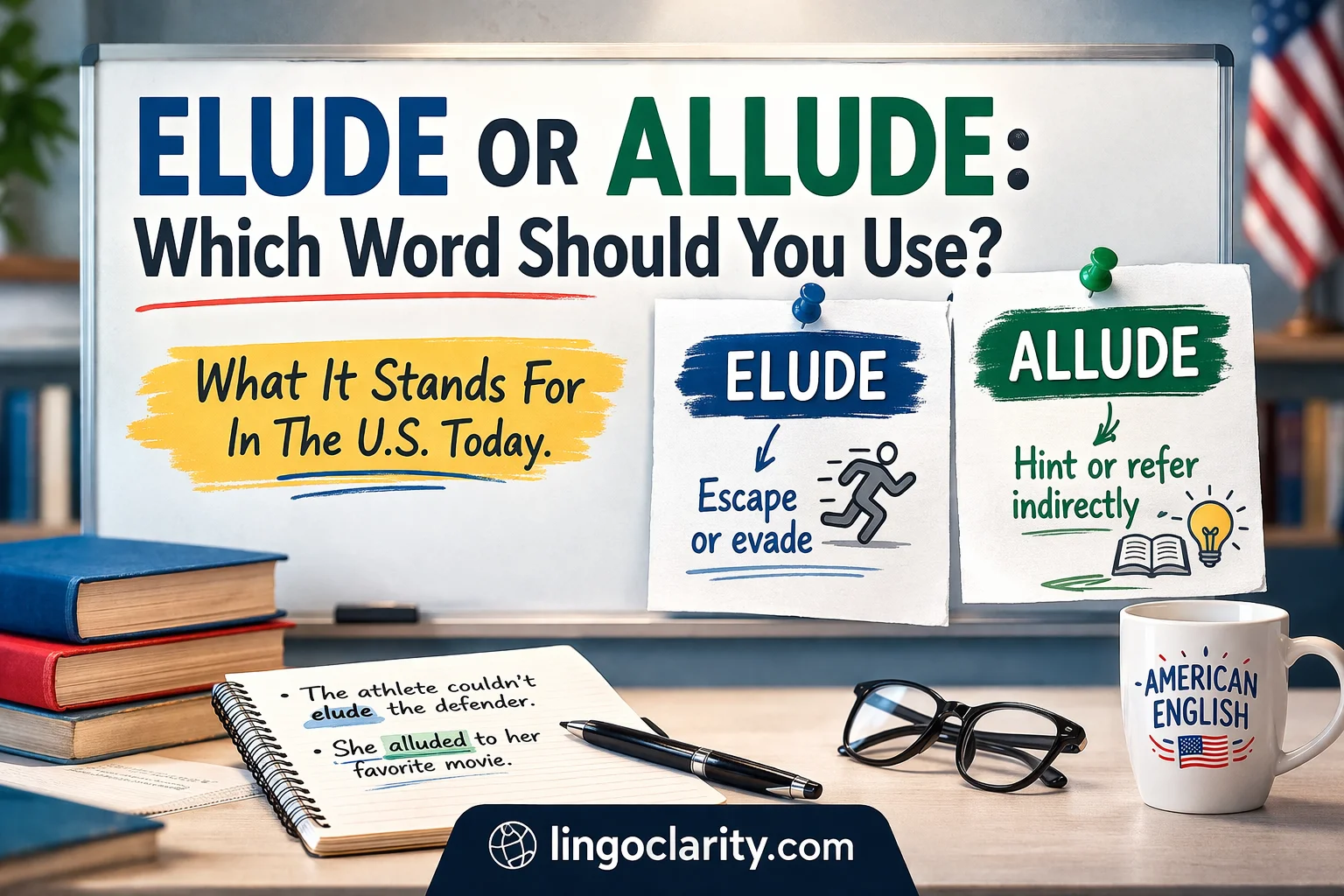 Elude and allude compared on a board with notes about escaping and indirect reference