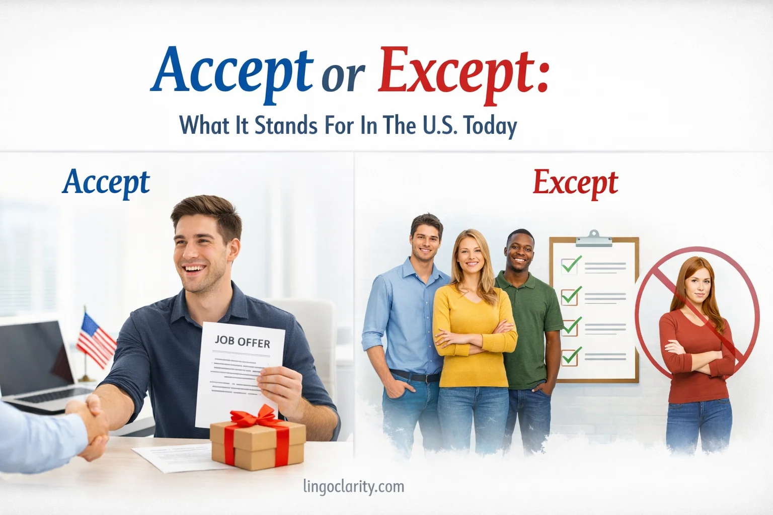 Editorial comparison image showing “accept” as receiving a job offer, invitation, or gift and “except” as leaving one person or item out, for a US English learning article.