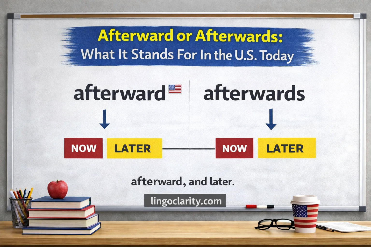 Editorial-style image showing “afterward” and “afterwards” side by side on a classroom board, with a simple timeline showing both mean later and a subtle US cue favoring afterward.