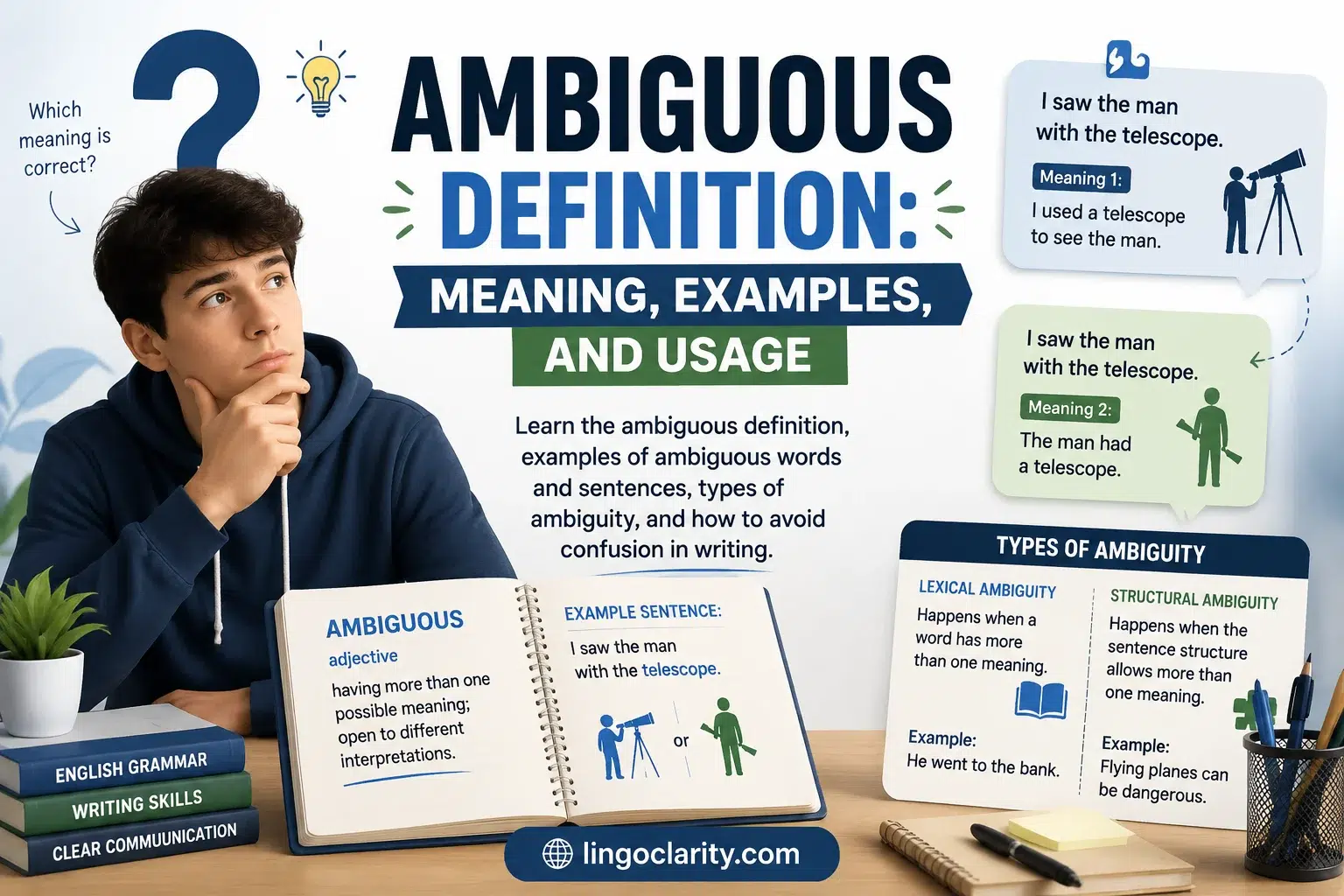 Ambiguous definition explained with examples of unclear words, sentences, and multiple meanings.