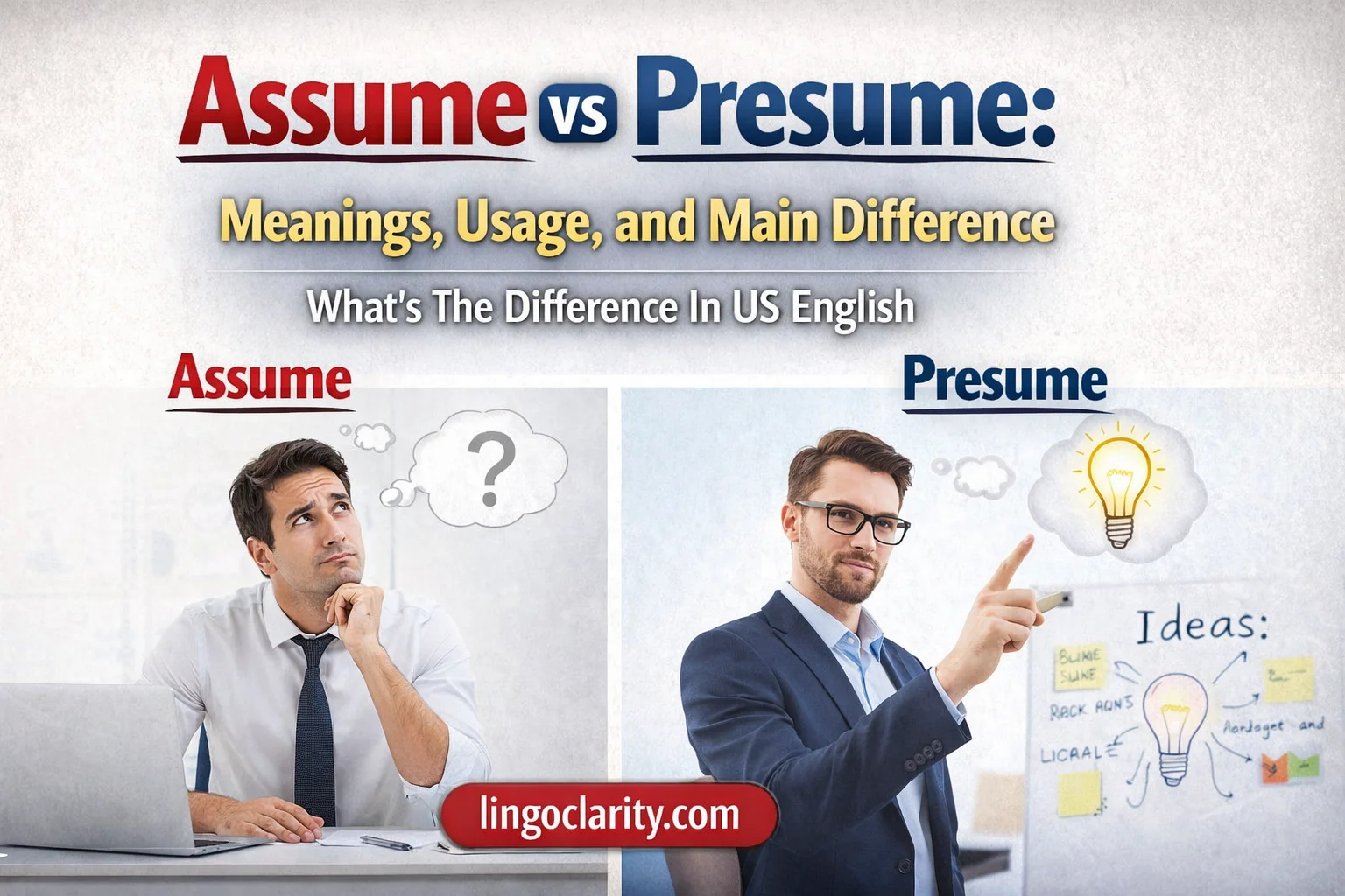 Comparison image showing assume as a weaker guess and presume as a more evidence-based or likely conclusion in US English.