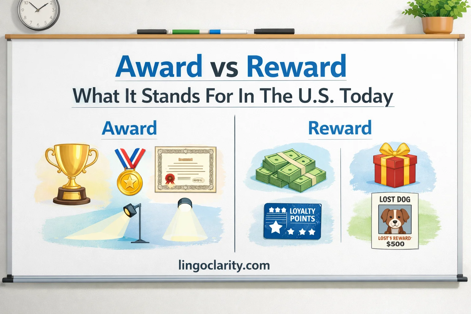 Split editorial image showing award as a trophy, medal, and certificate on one side, and reward as cash, gift, loyalty points, and a reward poster on the other.