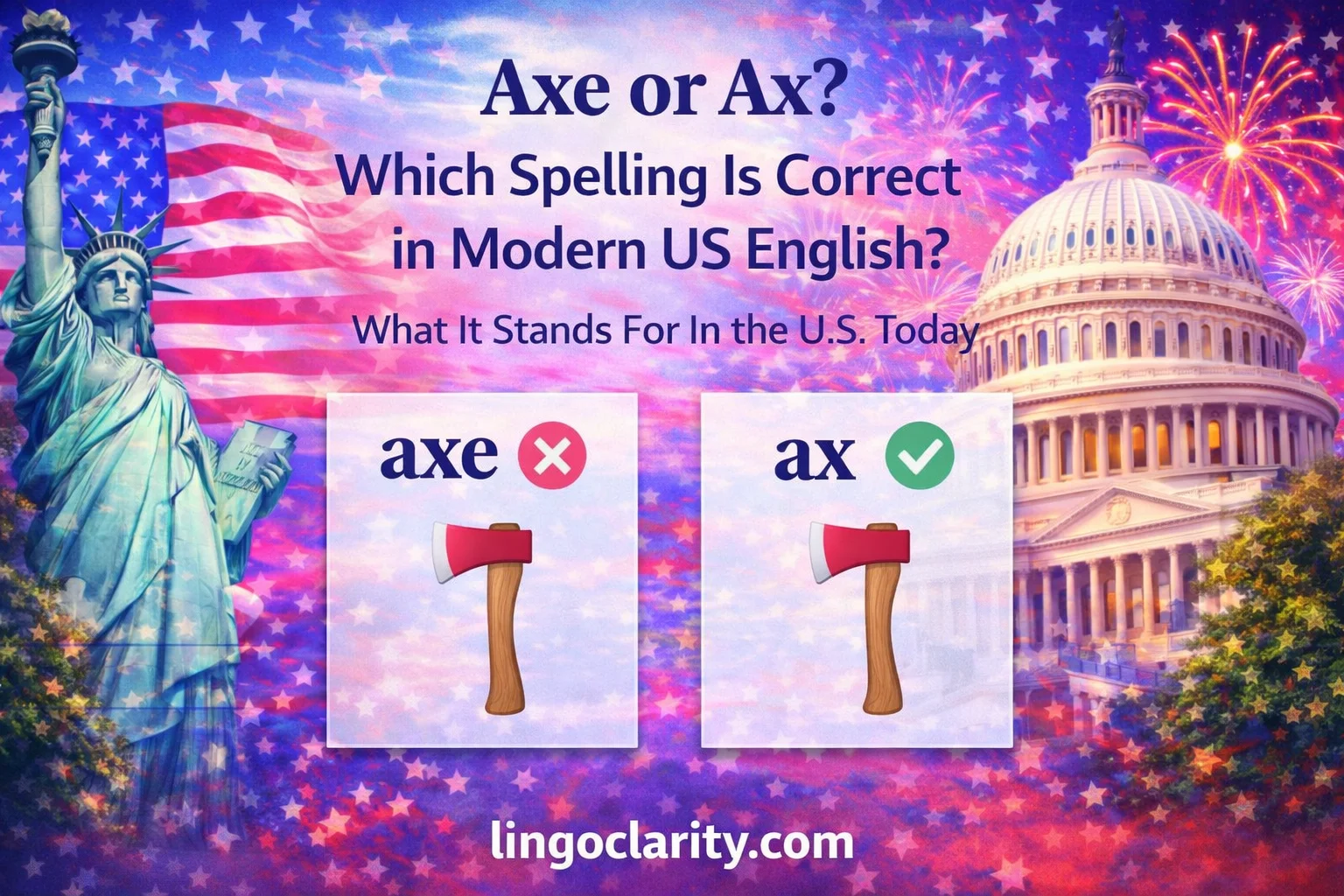 Editorial-style image showing the spellings “axe” and “ax” on an aimage