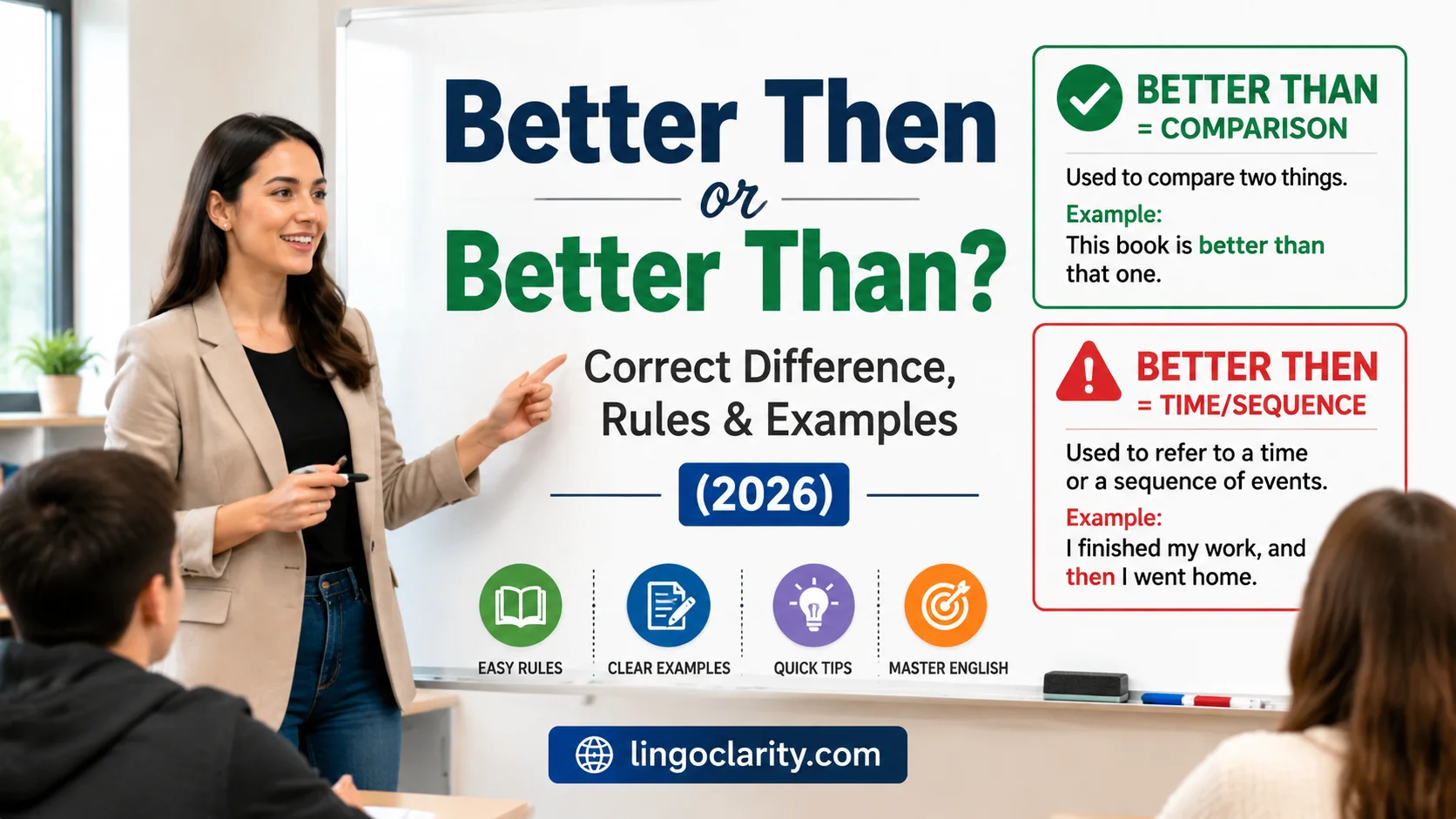 Better Then vs Better Than grammar comparison lesson with rules and examples on a classroom whiteboard