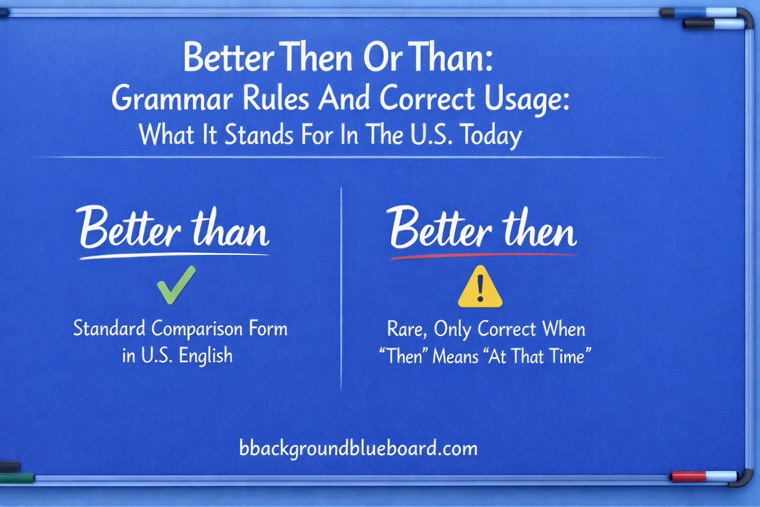 Better than and better then compared on a blue board for US English grammar