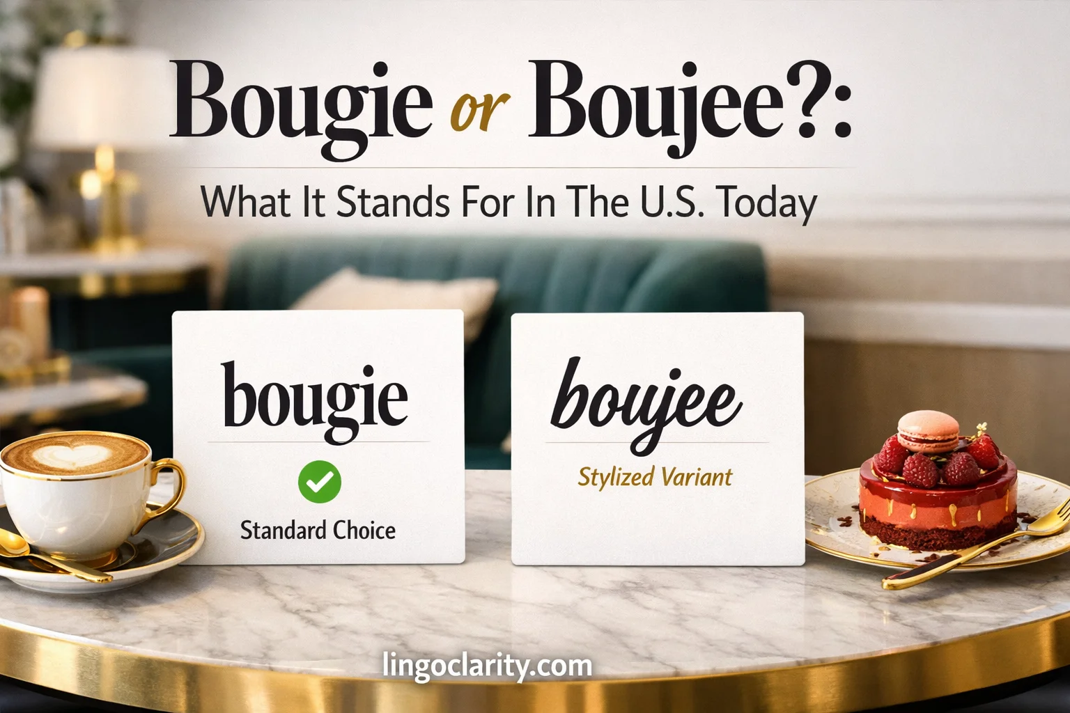 Editorial image showing bougie and boujee word cards, with bougie marked as the safer default spelling and boujee shown as an accepted informal variant.