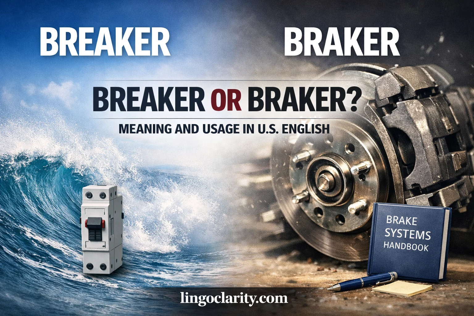 Editorial image showing the words “breaker” and “braker” on a modern image, with breaker marked as the standard US English choice and braker labeled as a rare specialized term.