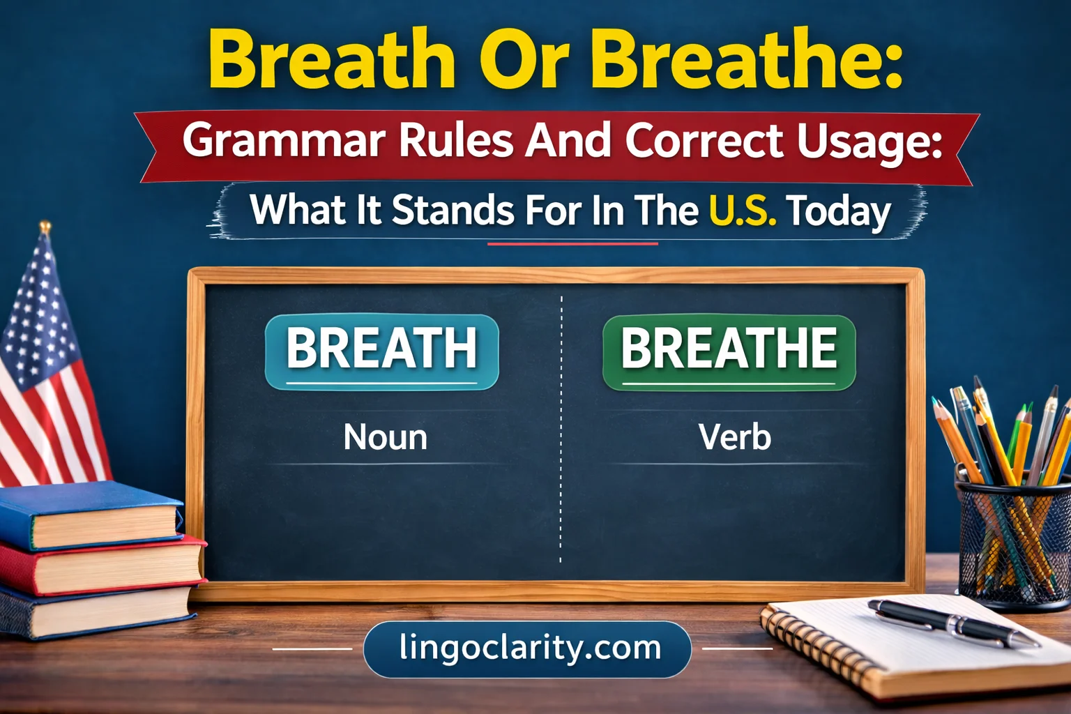 Breath and breathe compared on a blue board for US English grammar