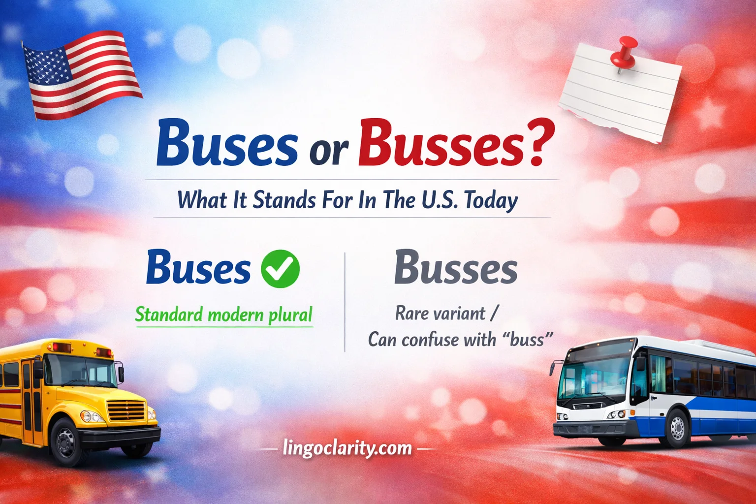 Editorial-style image showing the words “buses” and “busses”marked as the standard modern plural and “busses” shown as a rare variant.