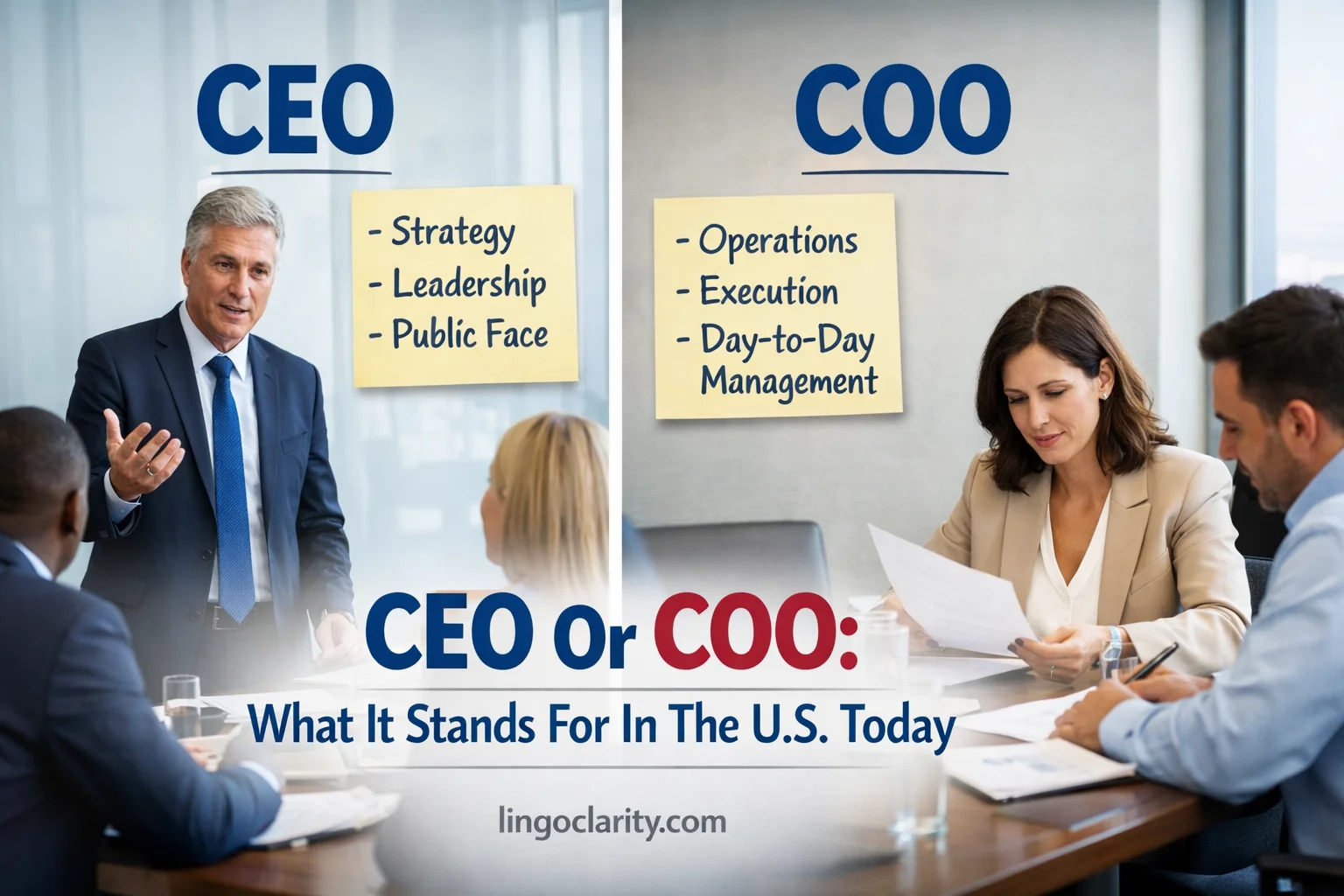 CEO and COO compared on an office board with notes about strategy and daily operations