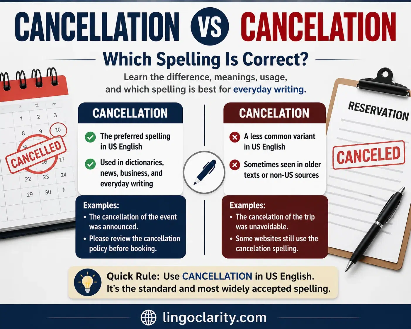 Cancellation vs Cancelation meaning and spelling comparison showing the correct form for US English writing.