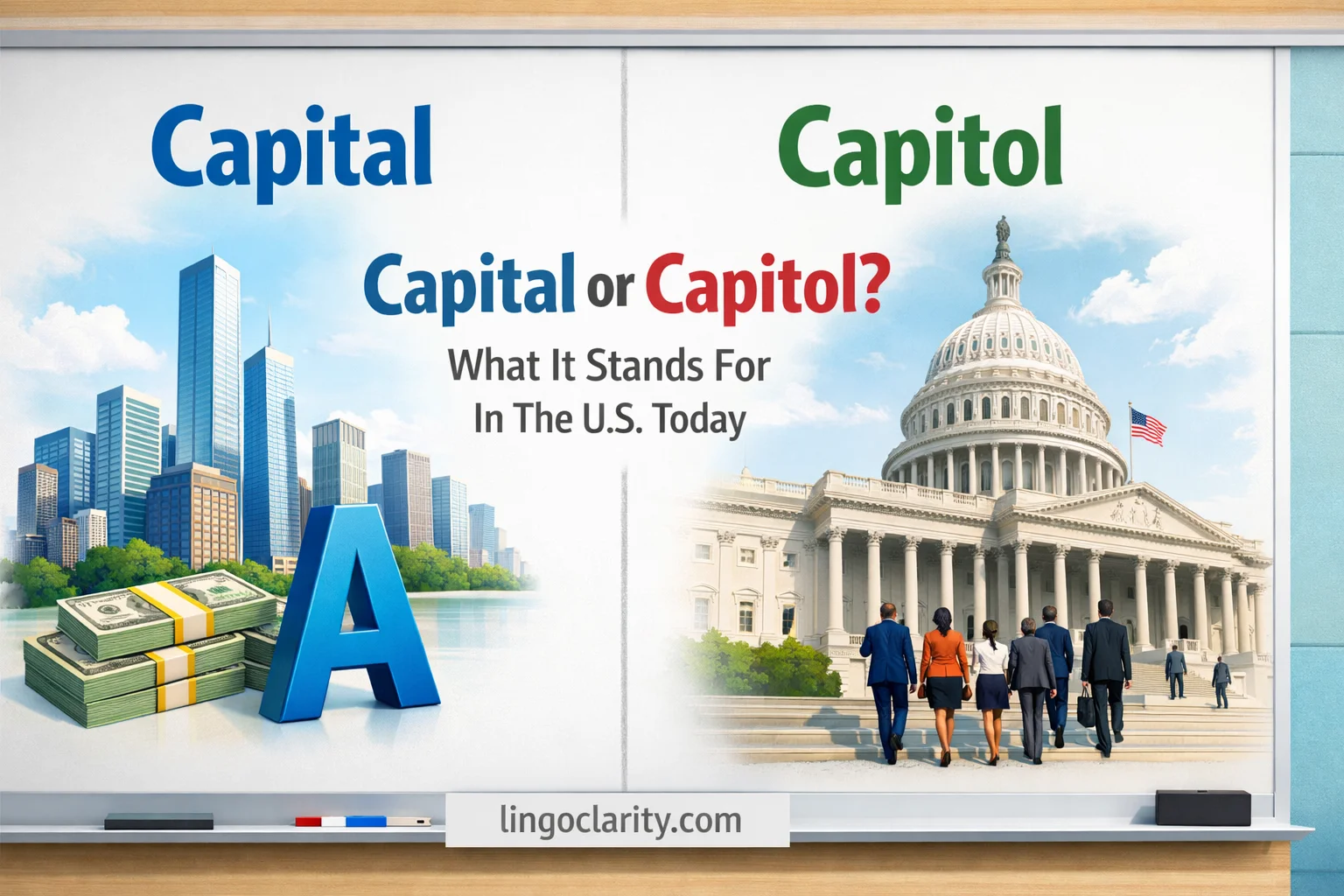 Editorial graphic showing capital with a city skyline, money, and an uppercase letter, beside capitol with a domed government building.