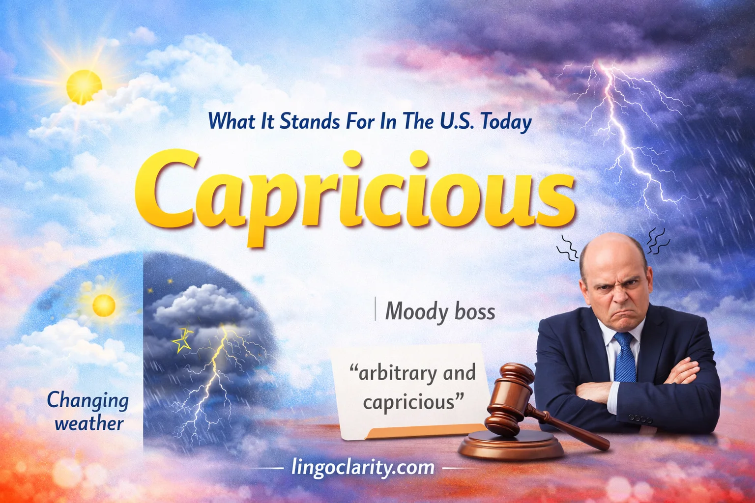 image showing the word “capricious” with visuals for sudden weather changes, an unpredictable manager, and a legal context note.