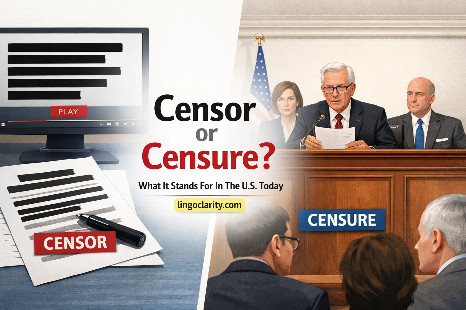 Editorial image showing the difference between censor and censure, with blocked-out content on one side and formal public criticism on the other.