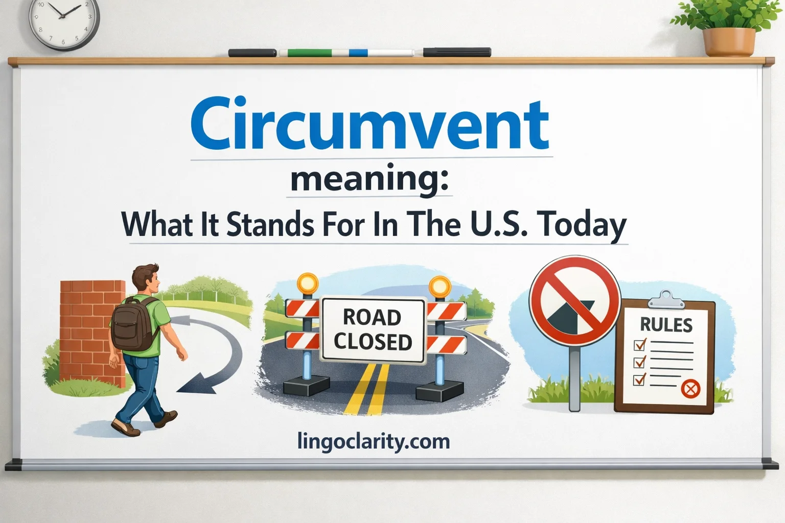 Editorial-style classroom board showing the word “circumvent” with visuals of going around a barrier, a roadblock, and a rule sign.