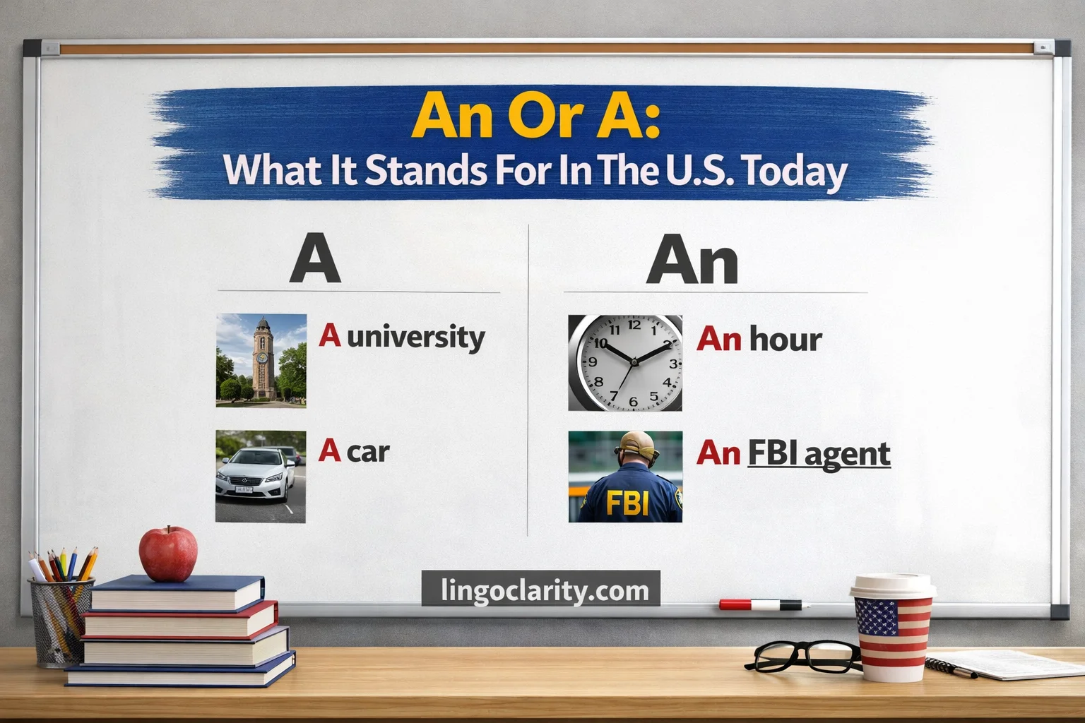 A and an shown side by side with examples an hour, a university, and an FBI agent