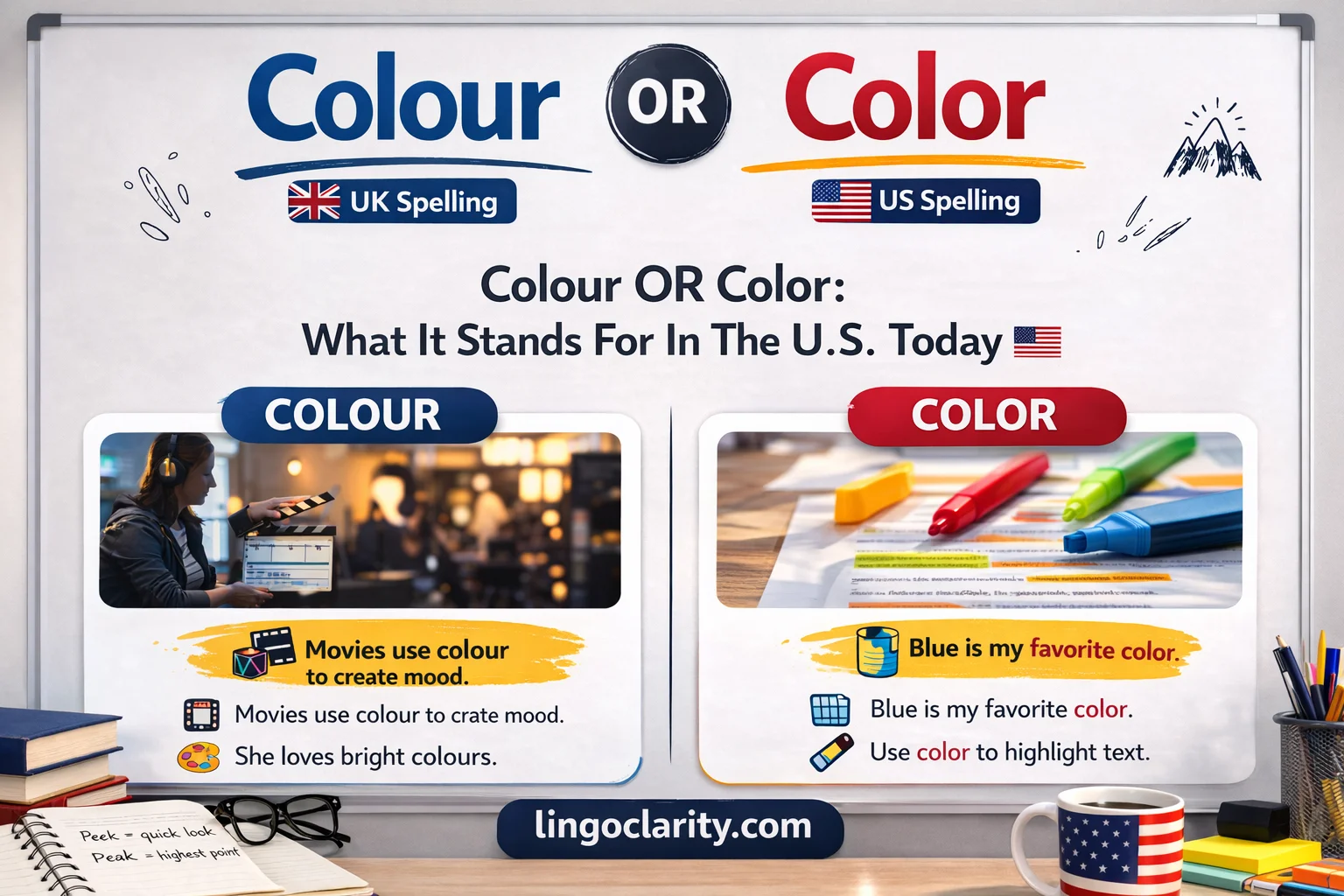 Colour and color shown side by side on a classroom board, with US spelling marked as color and UK spelling marked as colour.