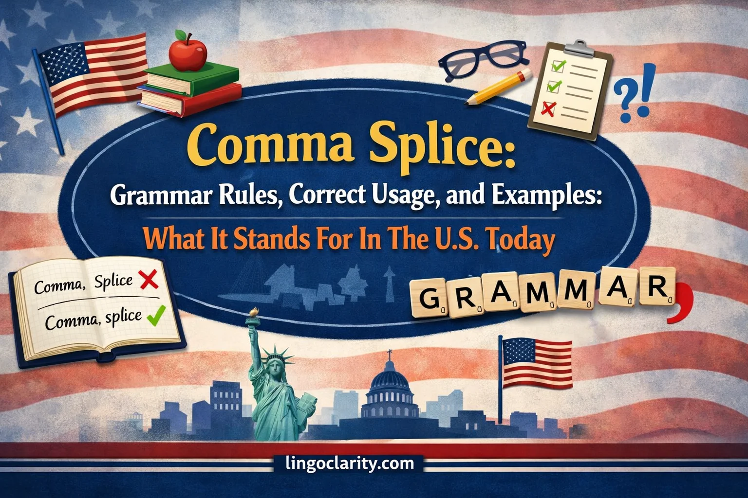 Editorial image showing a comma splice and three correct fixes: a period, a semicolon, and a comma with a coordinating conjunction.