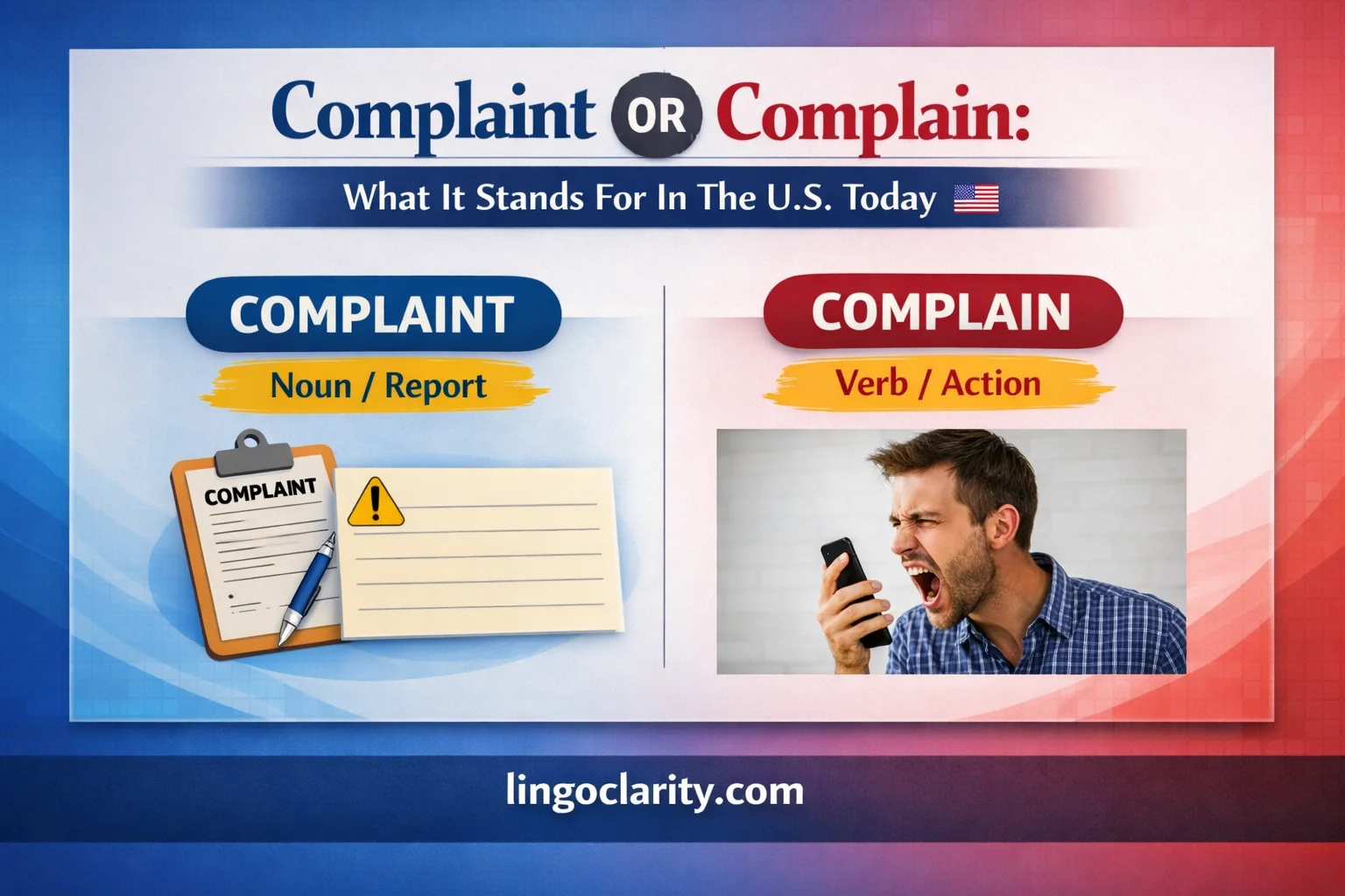 Complaint and complain shown side by side with noun and verb cues