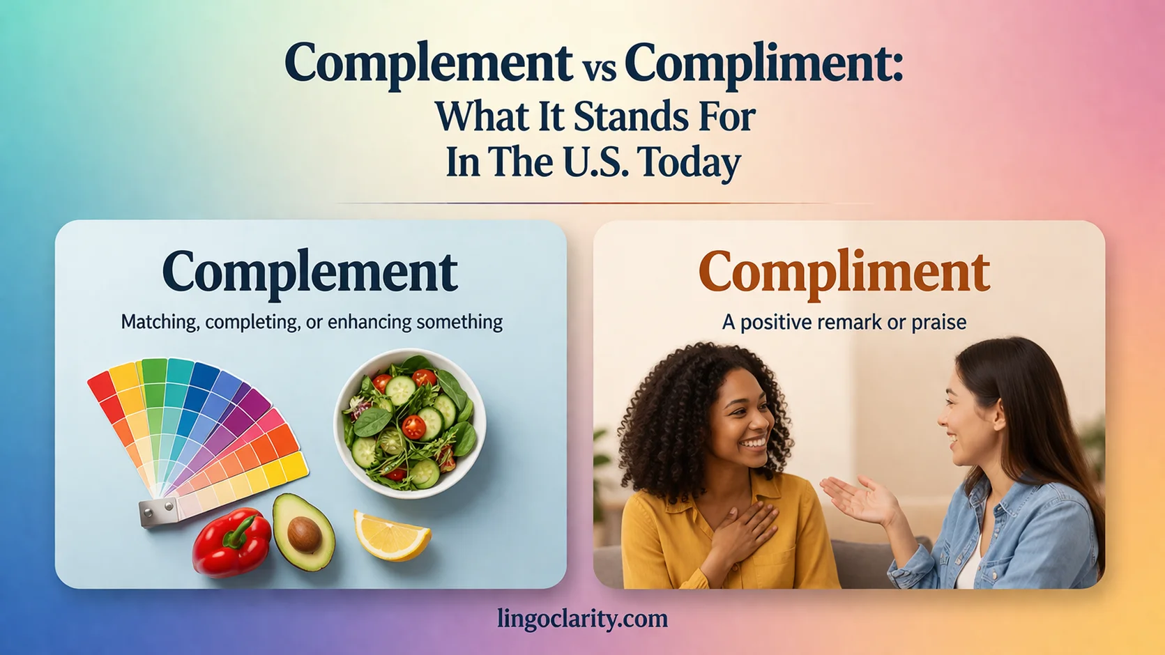 Editorial comparison image showing “complement” as things that go well together and “compliment” as spoken praise in a modern US English learning setting.