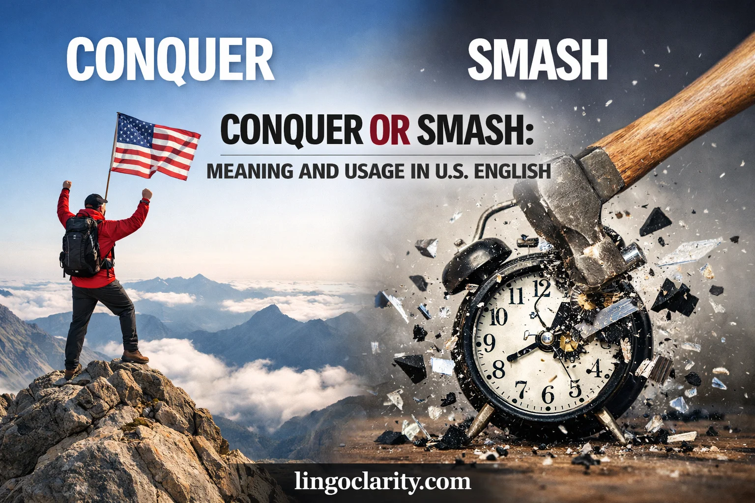 Comparison image showing conquer as gaining control or mastery and smash as breaking or defeating with force.