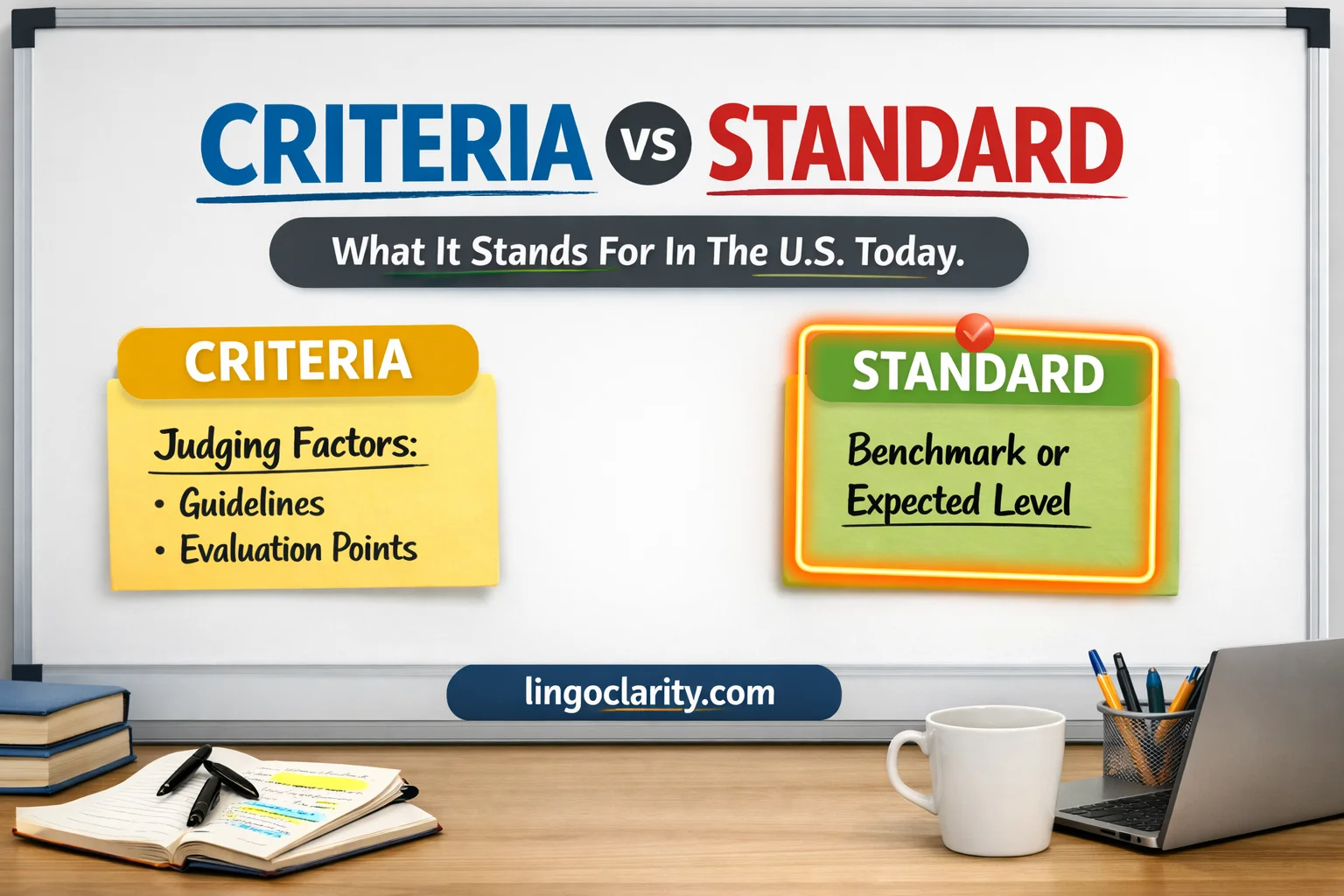 Criteria and standard compared on a board with notes about judging factors and benchmarks
