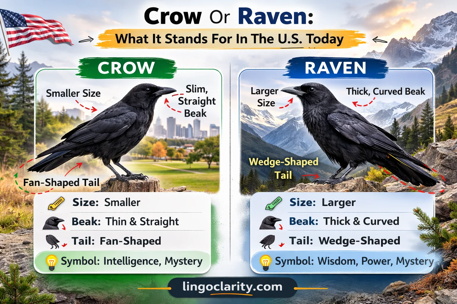 Crow and raven side by side showing differences in size, beak, and tail shape