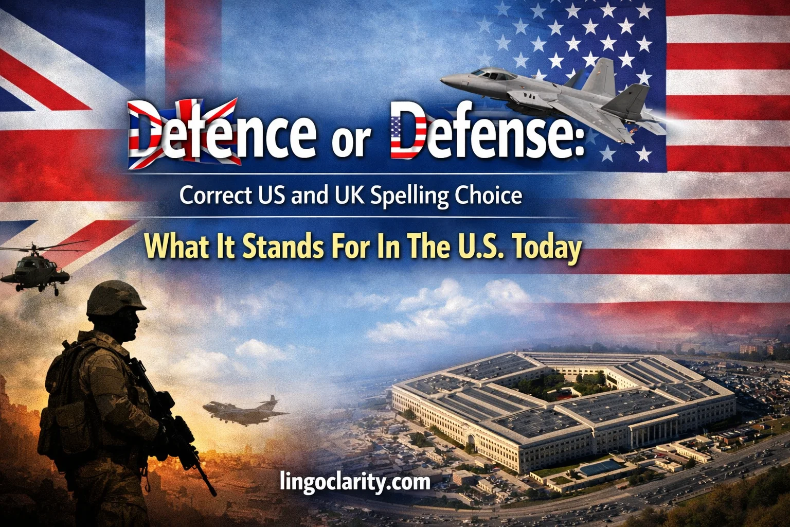 Editorial comparison image showing “Defense” with US cues and “Defence” with UK cues, plus simple law, sports, and protection symbols.