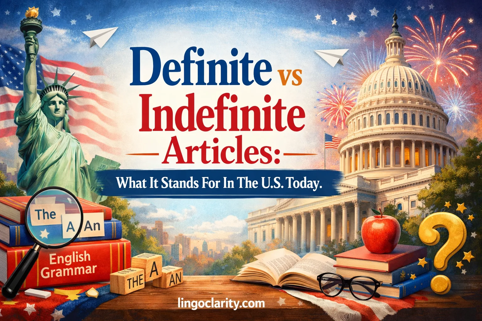 Editorial-style grammar guide image showing a, an, and the on a image with simple examples of indefinite, definite, and no-article use.