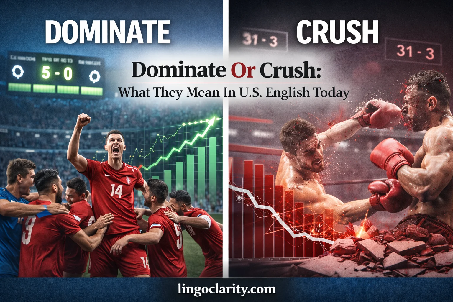 Comparison image showing dominate as control or clear superiority and crush as forceful breaking or overwhelming defeat.