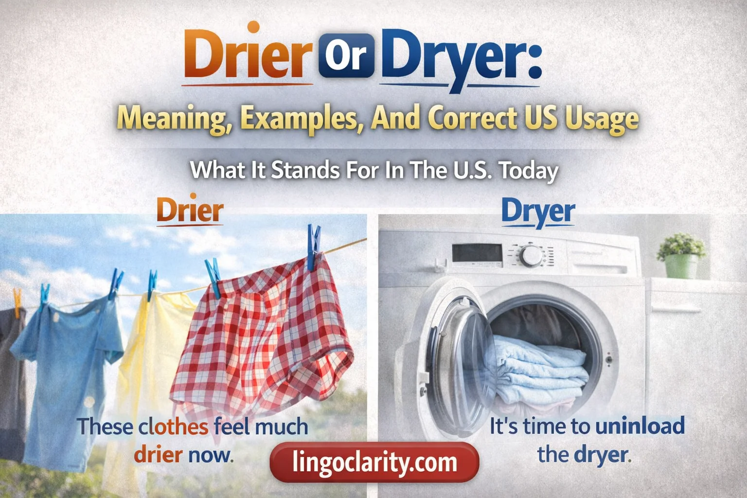 omparison image showing drier for less moisture and dryer for a machine that dries clothes or hair.
