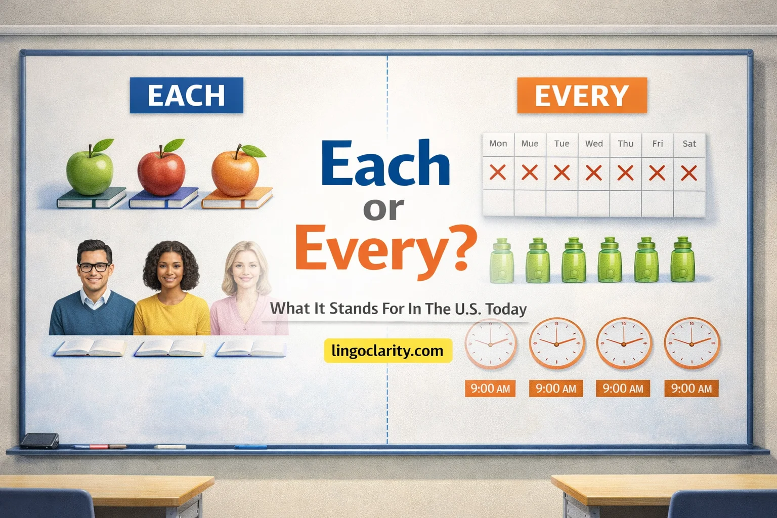 A bright classroom-style board comparing “each” and “every,” with separate one-by-one items on one side and a full group or repeating schedule on the other.