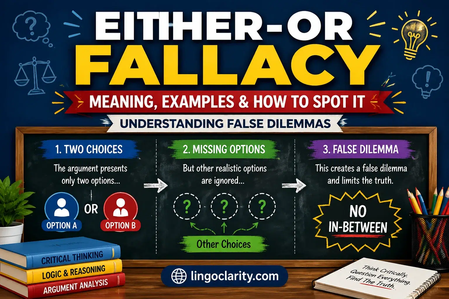 Either-or fallacy infographic showing two choices, ignored alternatives, and a false dilemma with no in-between options.