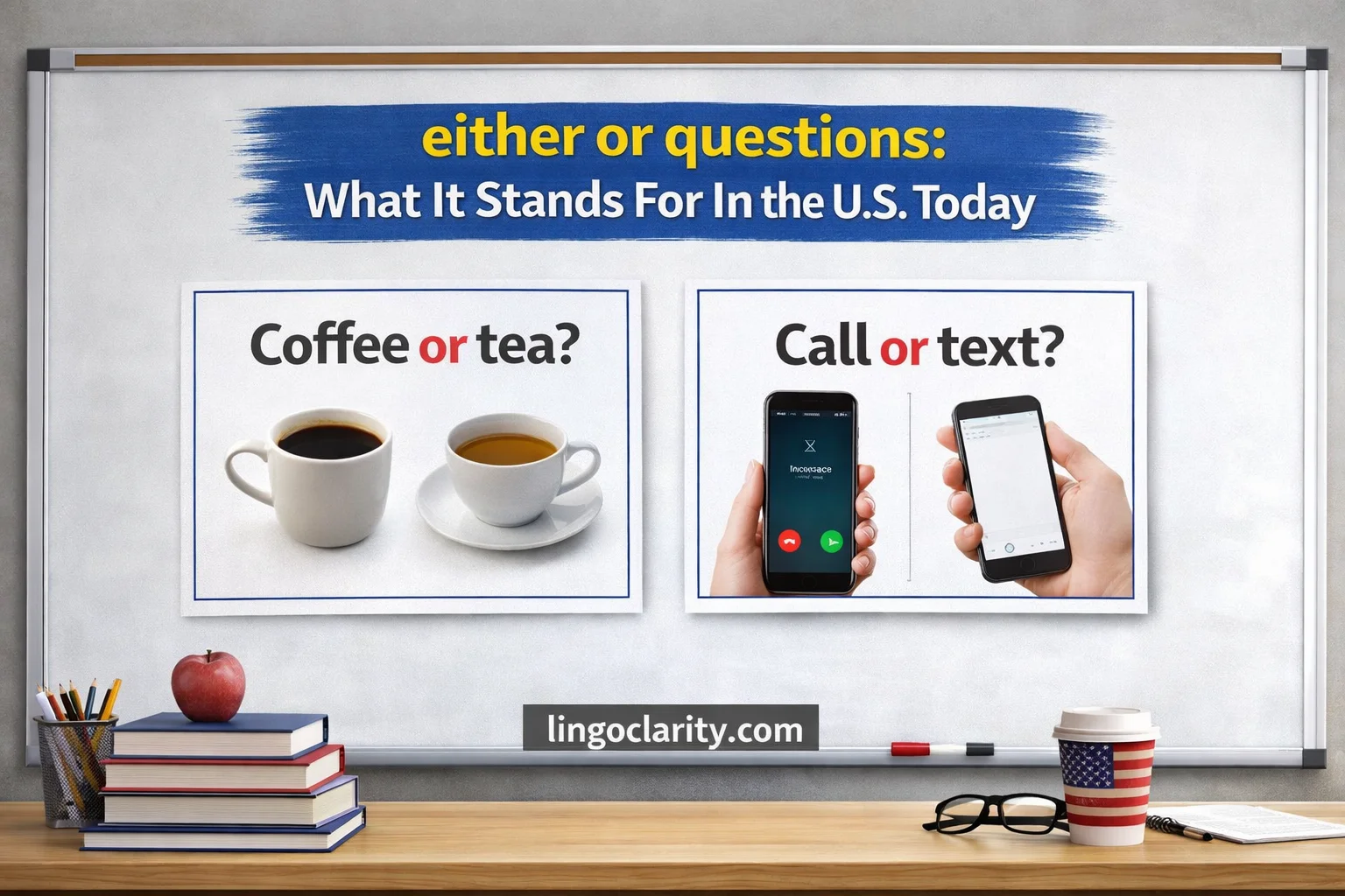 Classroom board showing either or question examples such as Coffee or tea and Call or text.
