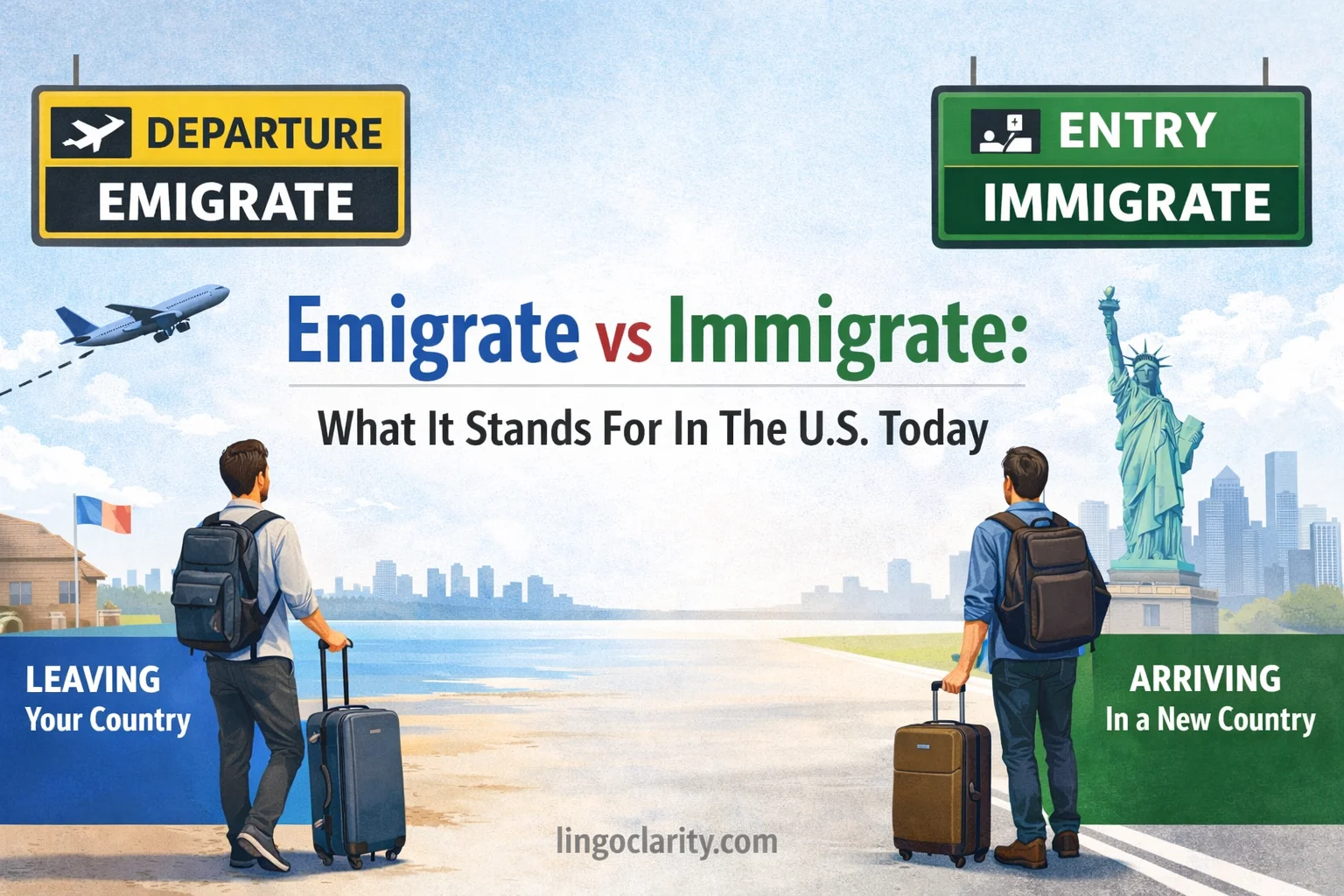 Comparison image showing emigrate as leaving a country and immigrate as entering and settling in a new country.