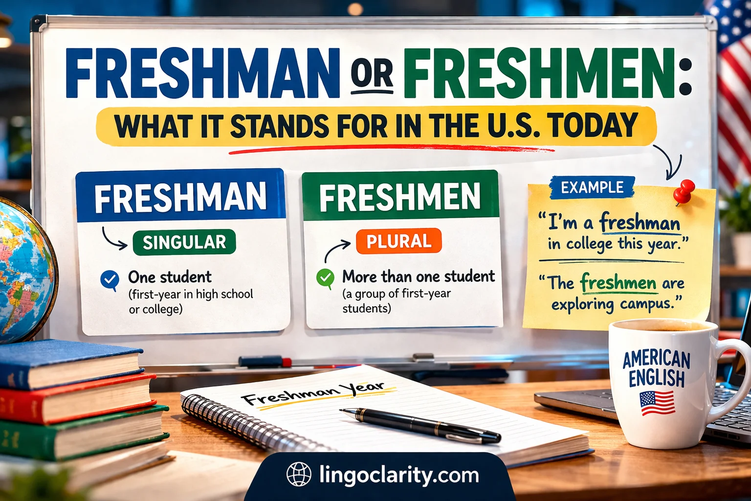 Freshman and freshmen compared on a board with notes showing singular, plural, and freshman year