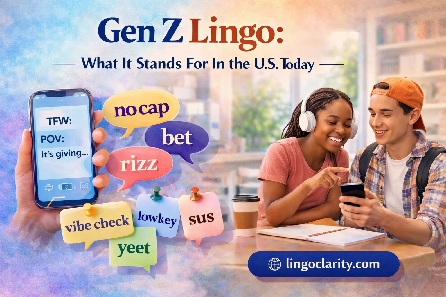 Students looking at a phone and decoding modern slang words in a bright classroom setting.