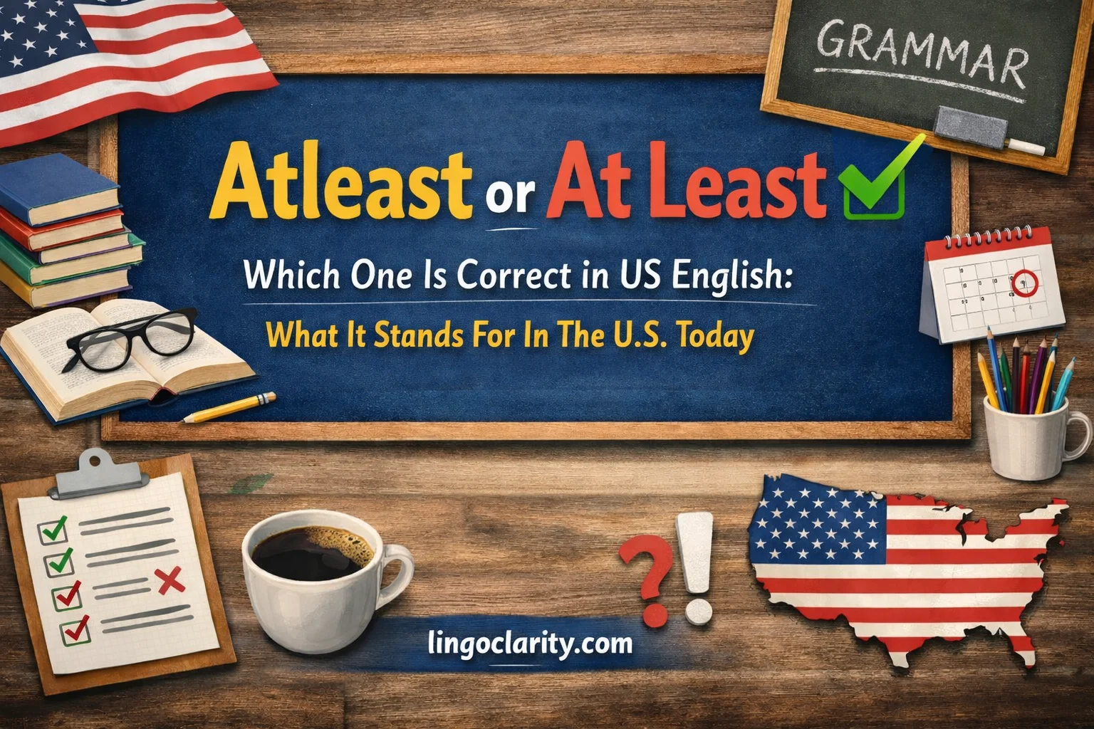 Editorial-style classroom board comparing “atleast” and “at least,” with “at least” marked correct