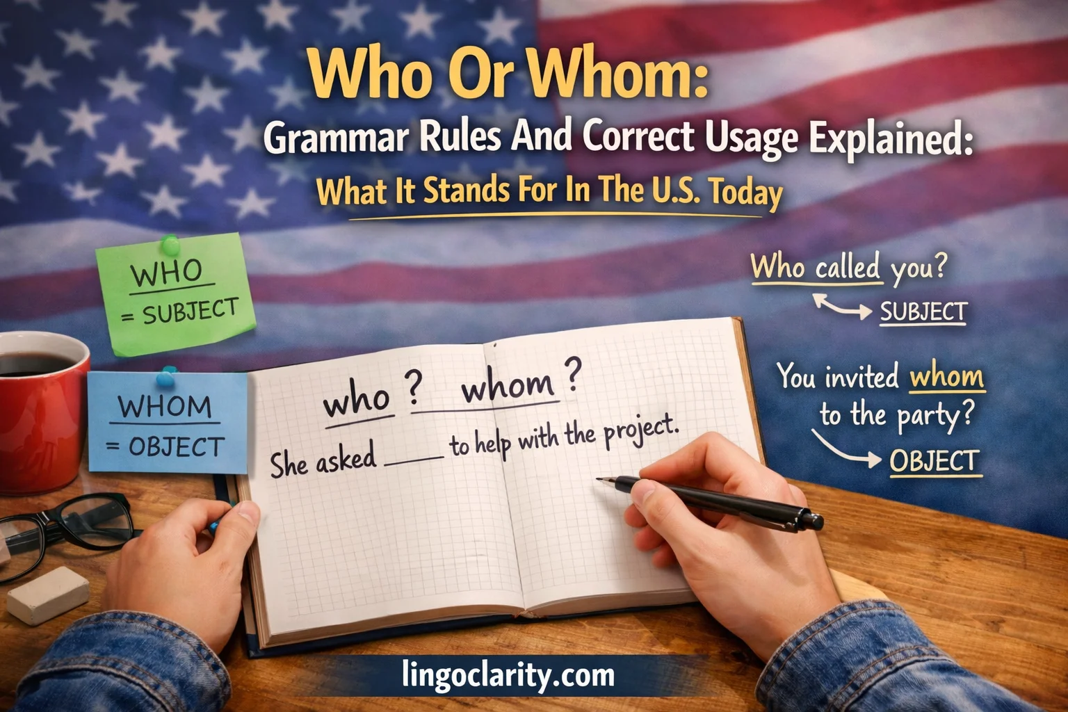 Student learning the grammar rule for who vs whom in English.