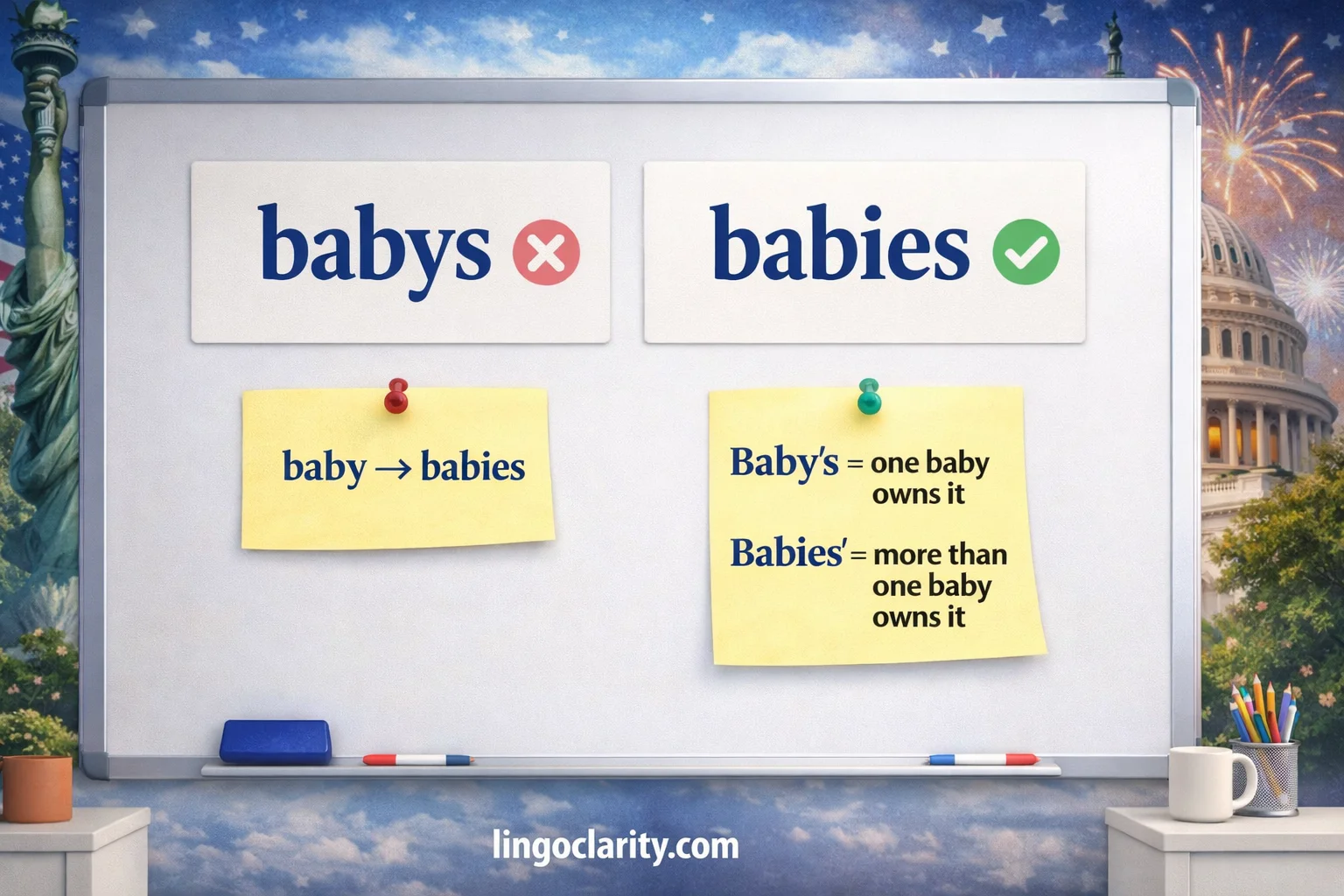 Editorial grammar image showing “babys” marked incorrect and “babies” marked correct, with simple notes explaining the plural and possessive forms of baby.