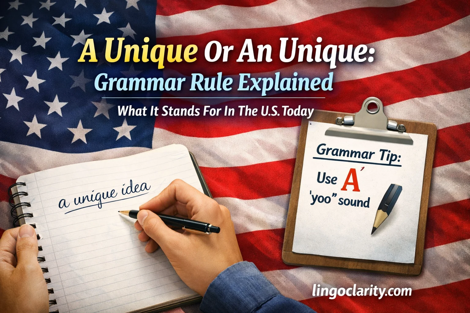 Grammar example showing the phrase “a unique idea” with a note explaining article choice based on pronunciation.