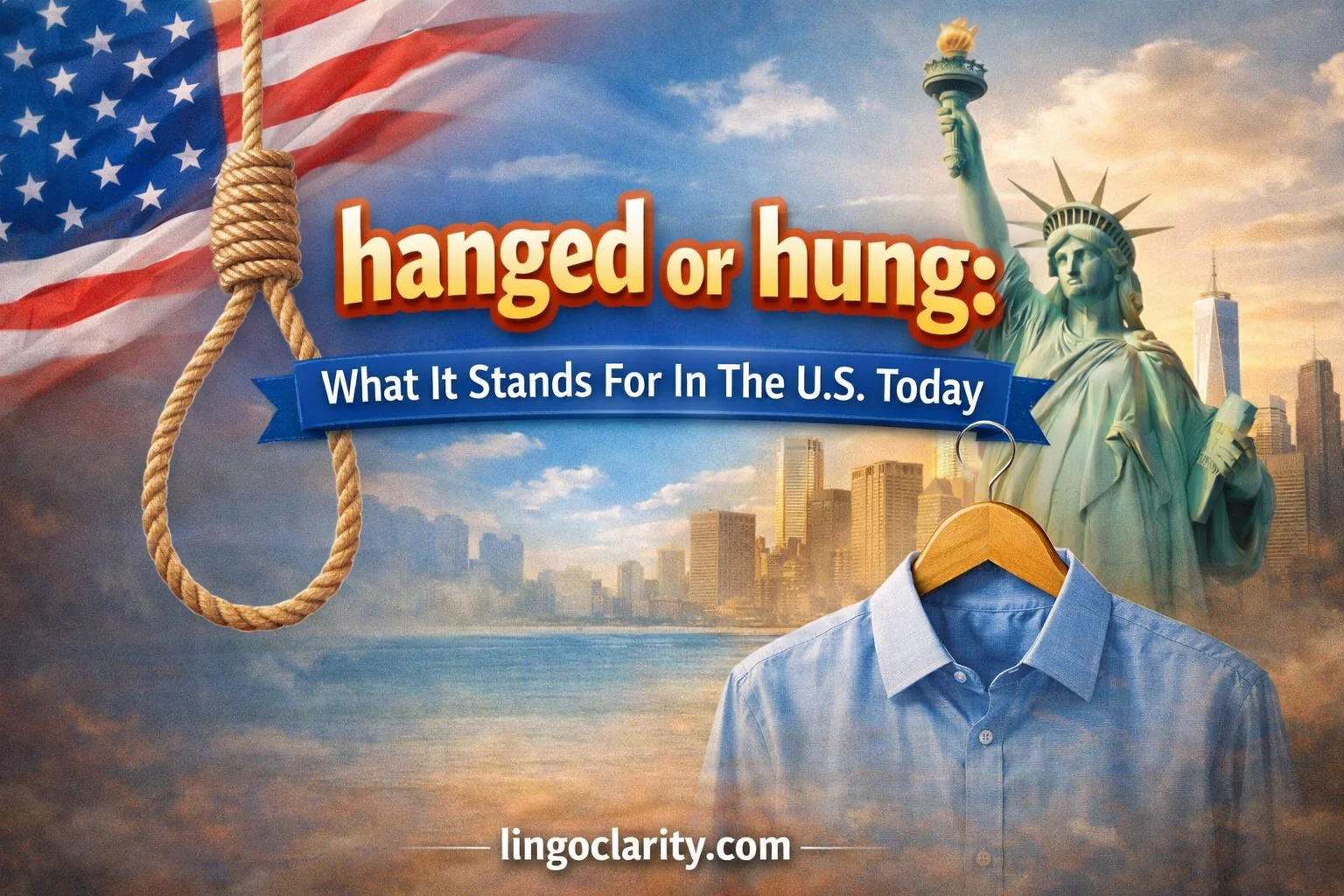 Comparison image showing hung for ordinary suspension and hanged for death by hanging in US English.