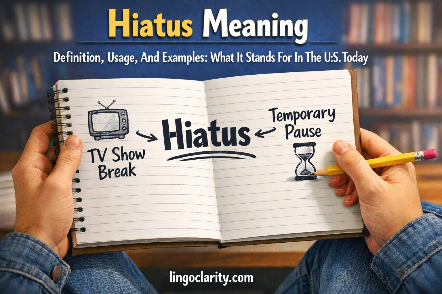 Notebook showing the word hiatus with examples explaining a temporary pause or break.