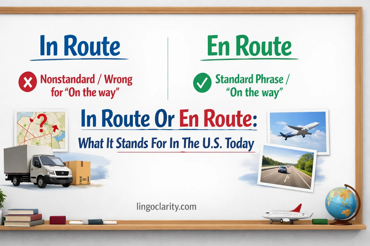 In route and en route compared side by side with en route marked as the standard phrase for on the way
