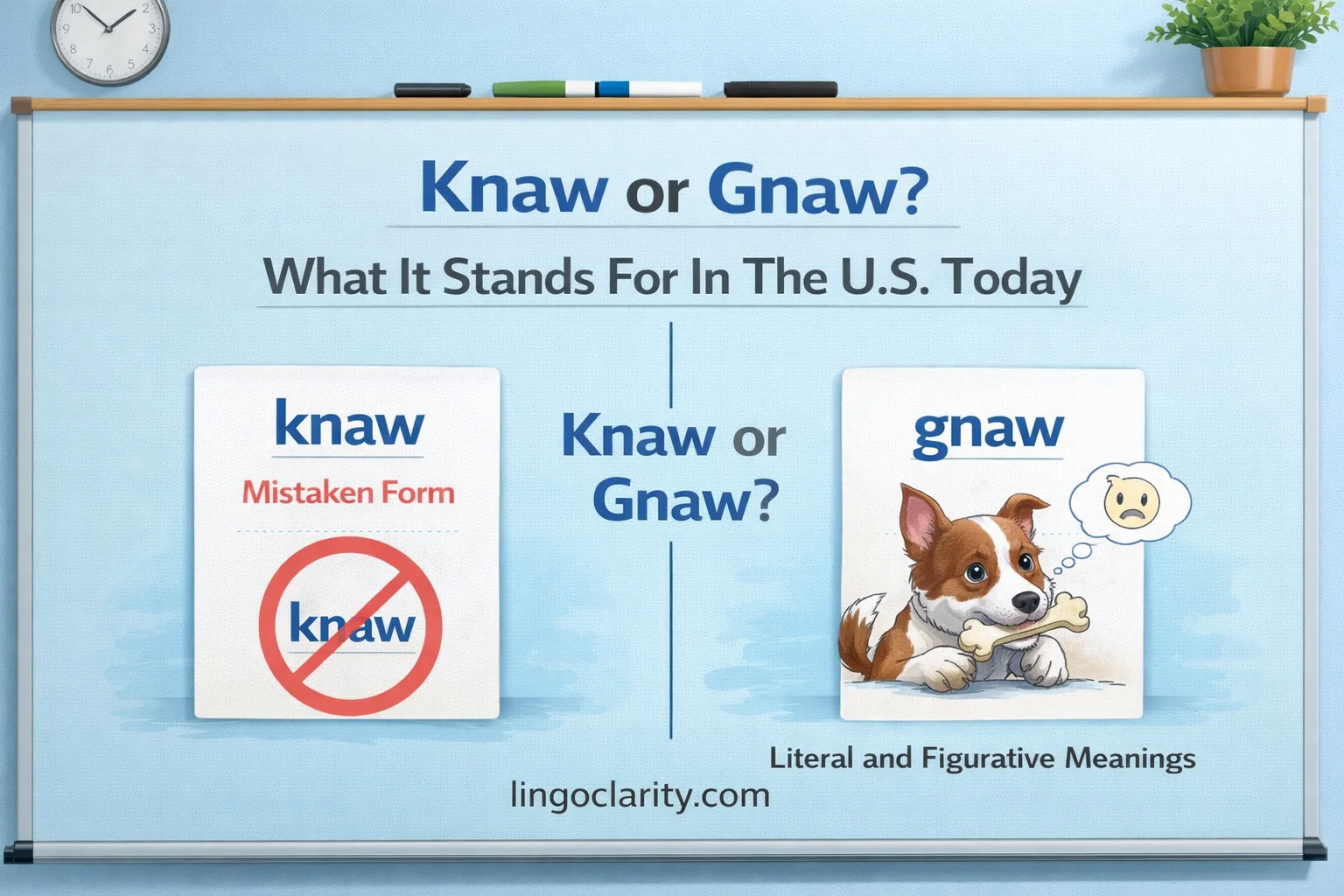 Editorial-style image showing “knaw” and “gnaw” side by side, with a dog chewing a bone and a worried expression to explain the correct use of “gnaw” in US English.
