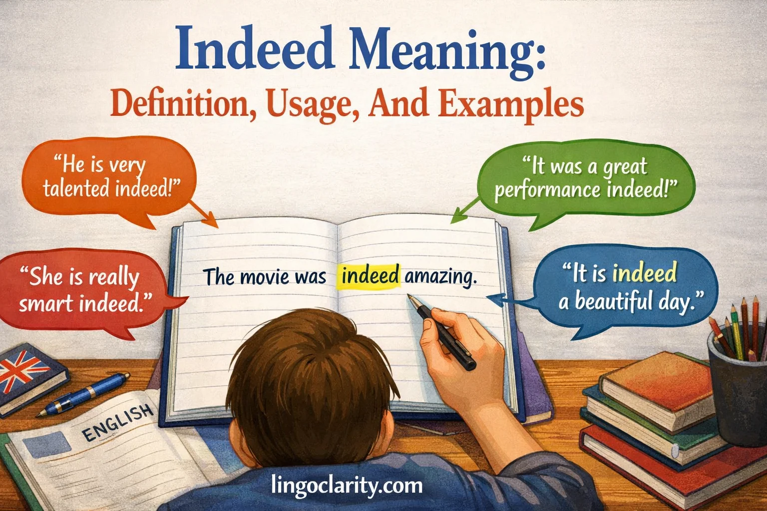 Student studying the word indeed in English with highlighted sentence examples showing its meaning and usage.